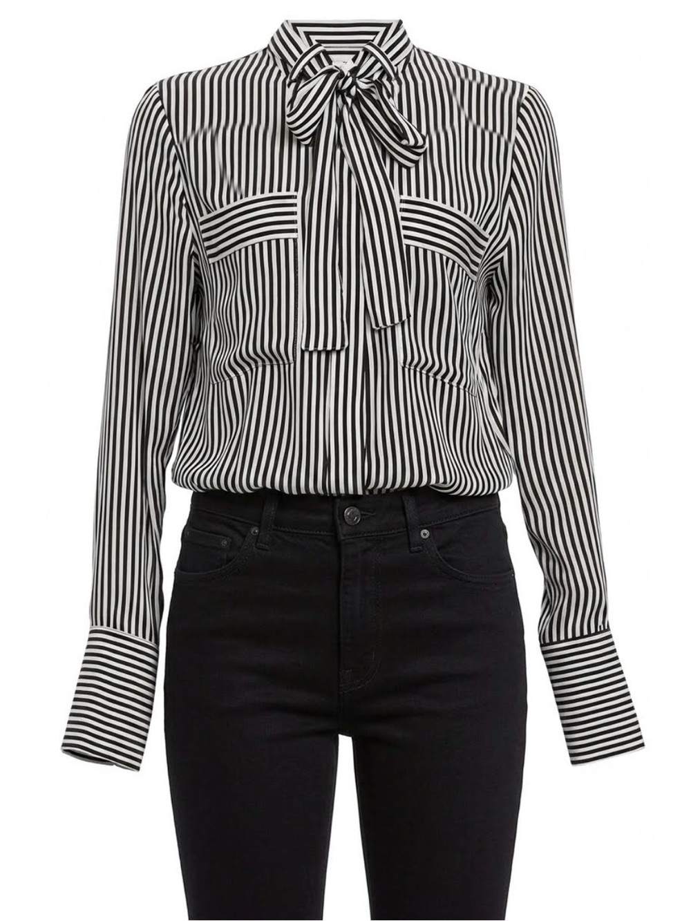 Six Crisp Days Black & White Vertical Stripe Tie-Neck Front Pocketed Blouse M